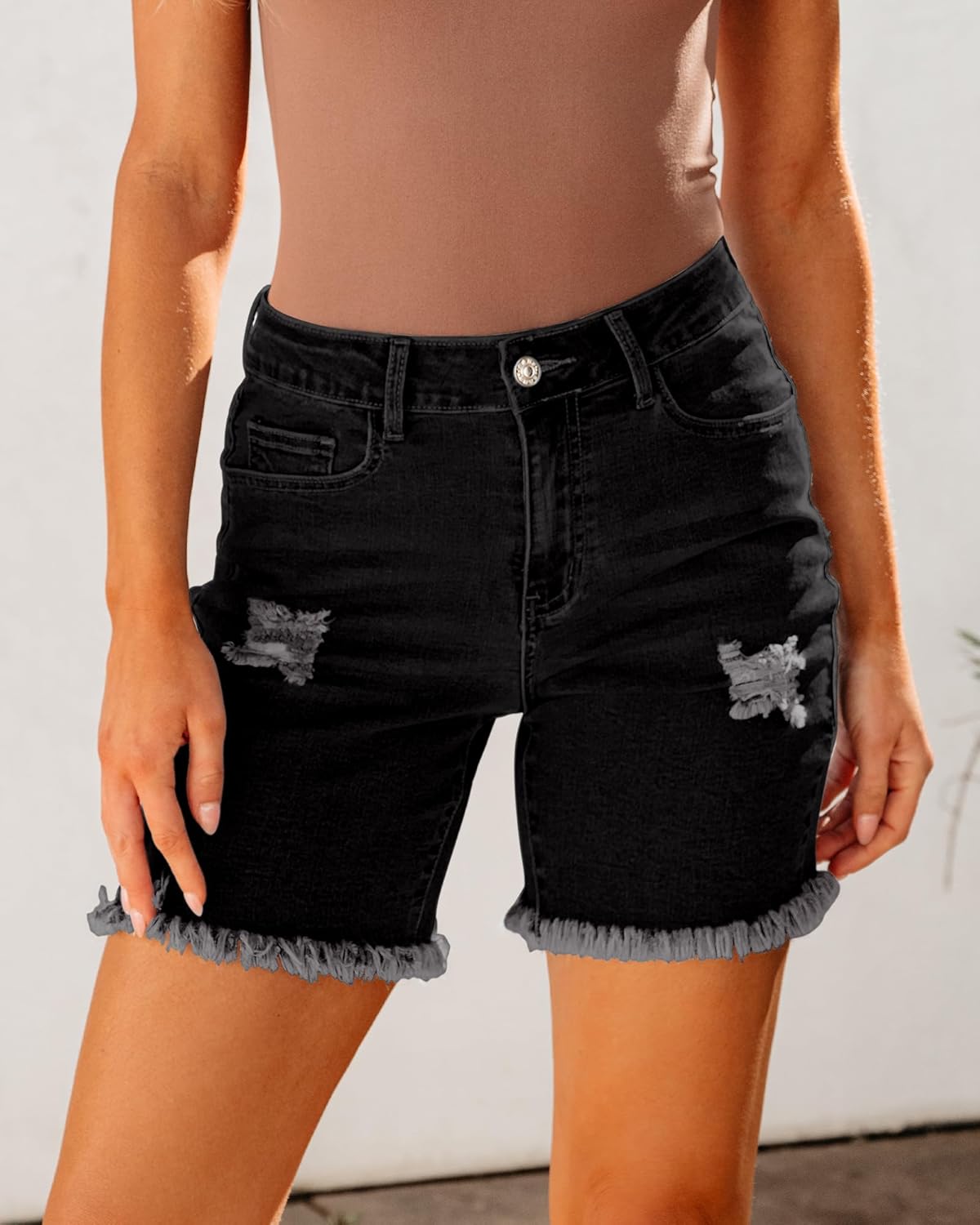 luvamia Jean Shorts for Women High Waisted Trendy Casual Distressed Stretchy Denim Long Shorts Ripped Raw Hem ShortsWashed Black