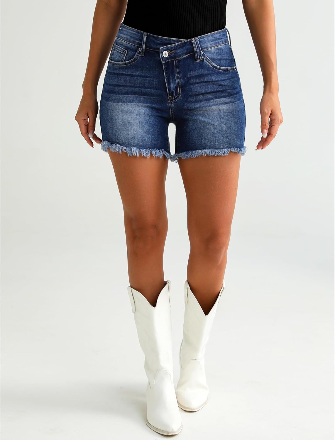 luvamia Jean Shorts for Women Low Waisted Trendy Stretchy Crossover Waist Denim Shorts Raw Hem Casual Summer PocketsNightfall Blue