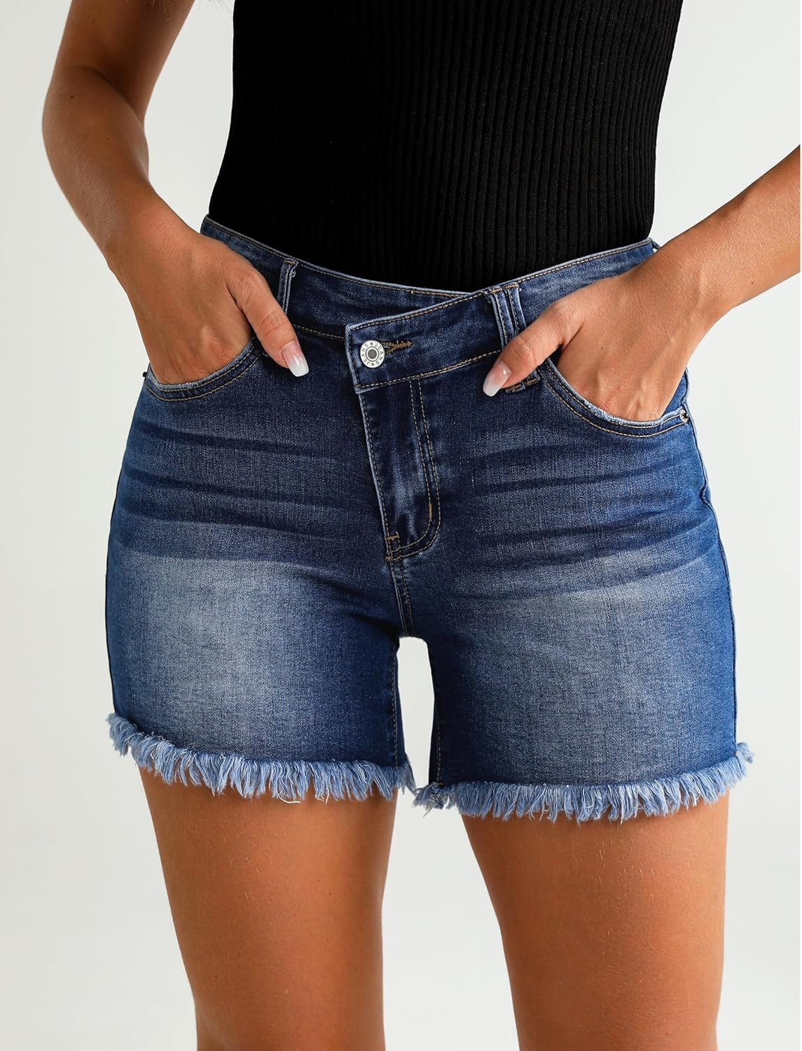luvamia Jean Shorts for Women Low Waisted Trendy Stretchy Crossover Waist Denim Shorts Raw Hem Casual Summer PocketsNightfall Blue