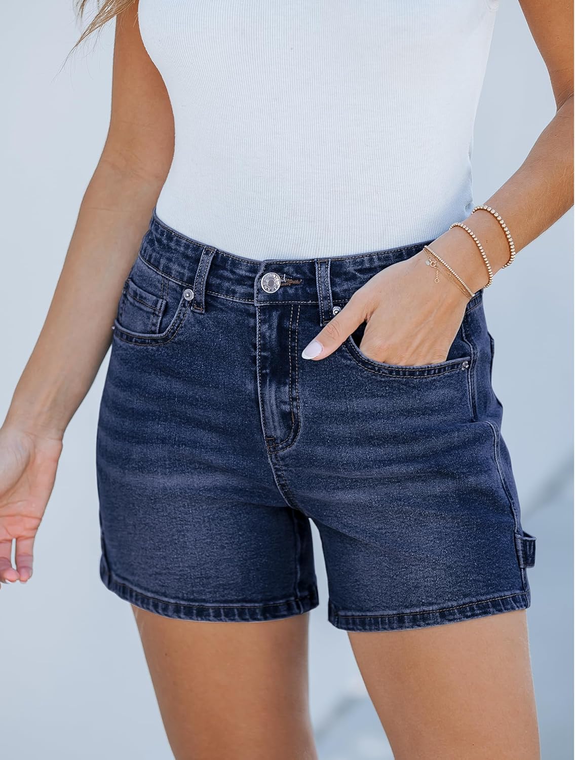 luvamia Jean Shorts for Women Trendy High Waisted Denim Shorts Carpenter Stretchy Summer Casual Mom Cut Off Jeans ShortsDark Blue