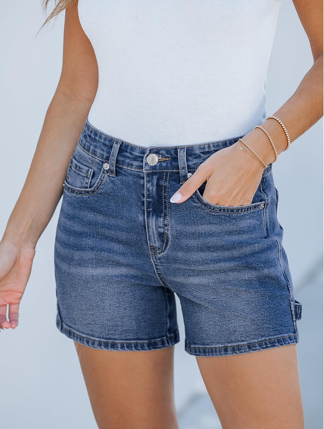 luvamia Jean Shorts for Women Trendy High Waisted Denim Shorts Carpenter Stretchy Summer Casual Mom Cut Off Jeans ShortsVintage Blue