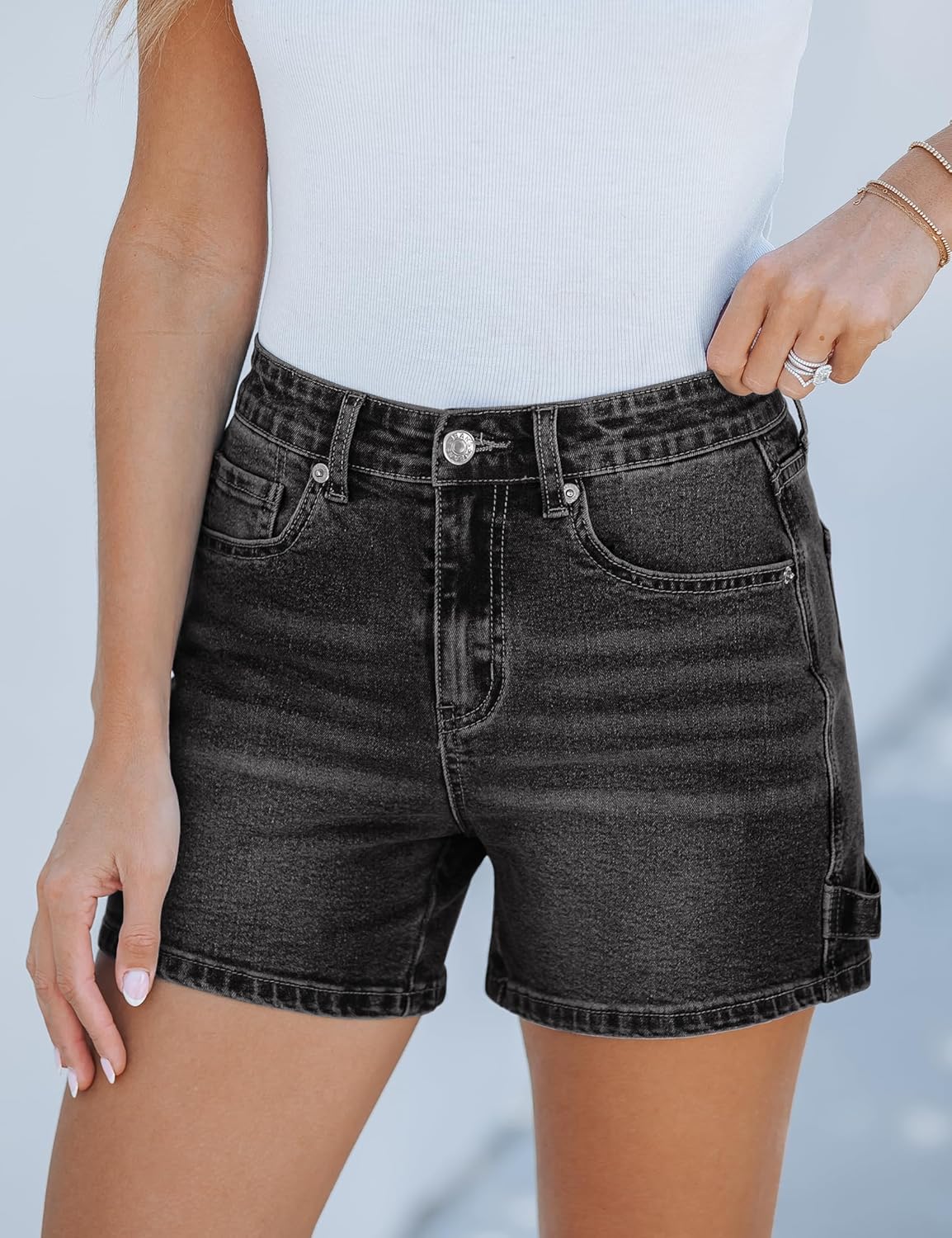 luvamia Jean Shorts for Women Trendy High Waisted Denim Shorts Carpenter Stretchy Summer Casual Mom Cut Off Jeans ShortsWashed Black