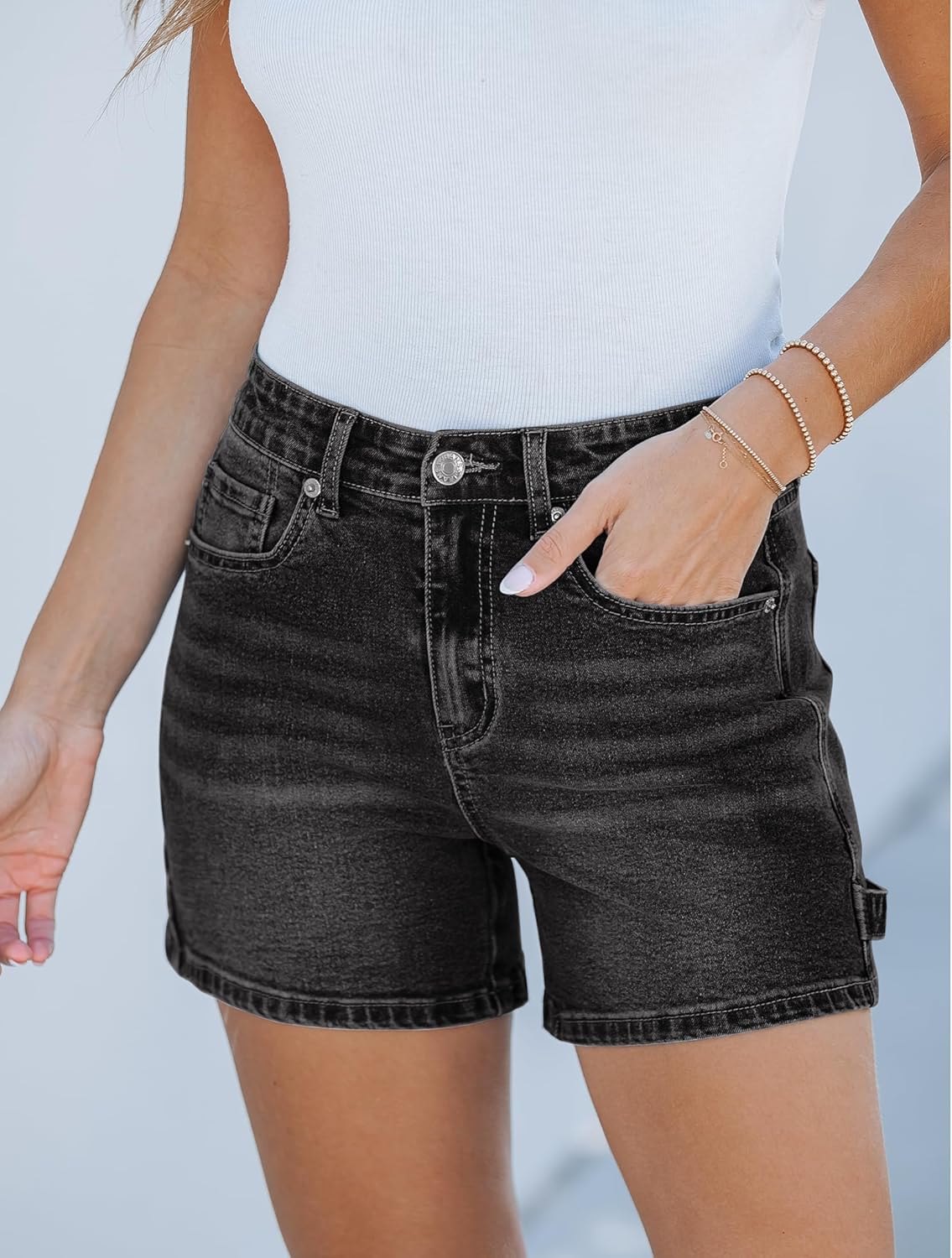 luvamia Jean Shorts for Women Trendy High Waisted Denim Shorts Carpenter Stretchy Summer Casual Mom Cut Off Jeans ShortsWashed Black