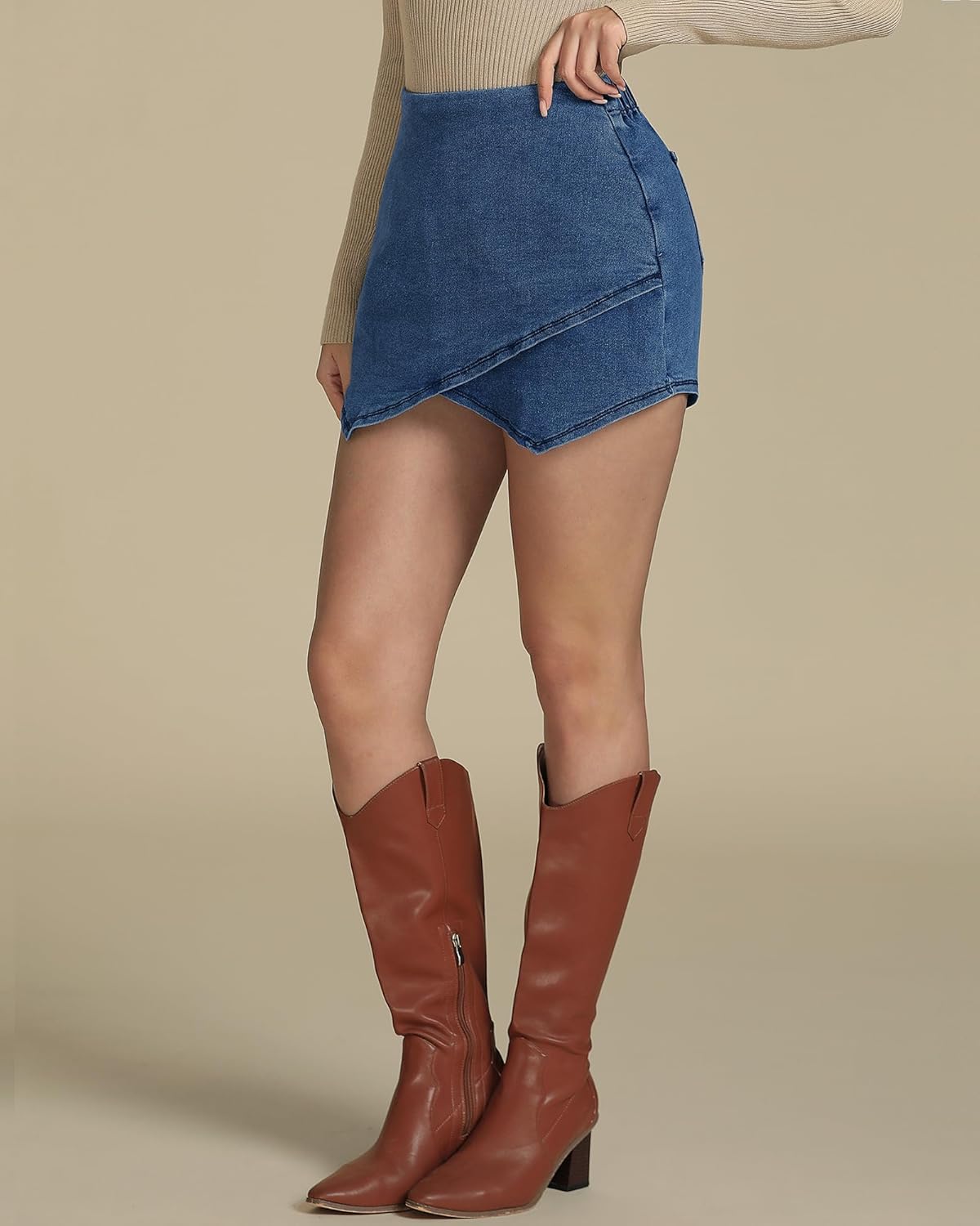 luvamia Jean Skorts for Woman High Waisted Pull On Stretchy Denim Wrap Skirt with Shorts Trendy Asymmetrical SkortClassic Blue