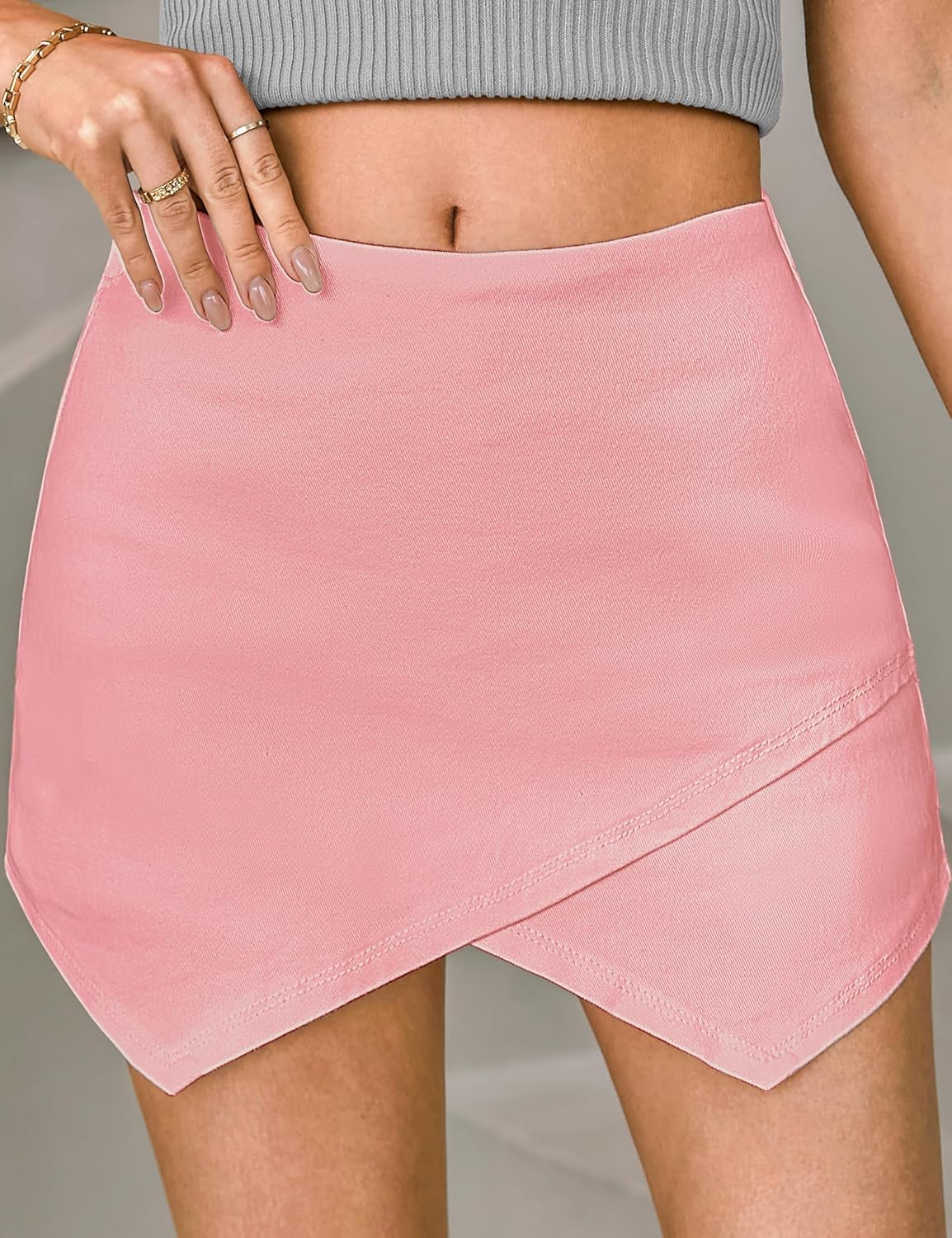 luvamia Jean Skorts for Woman High Waisted Pull On Stretchy Denim Wrap Skirt with Shorts Trendy Asymmetrical SkortGossamer Pink