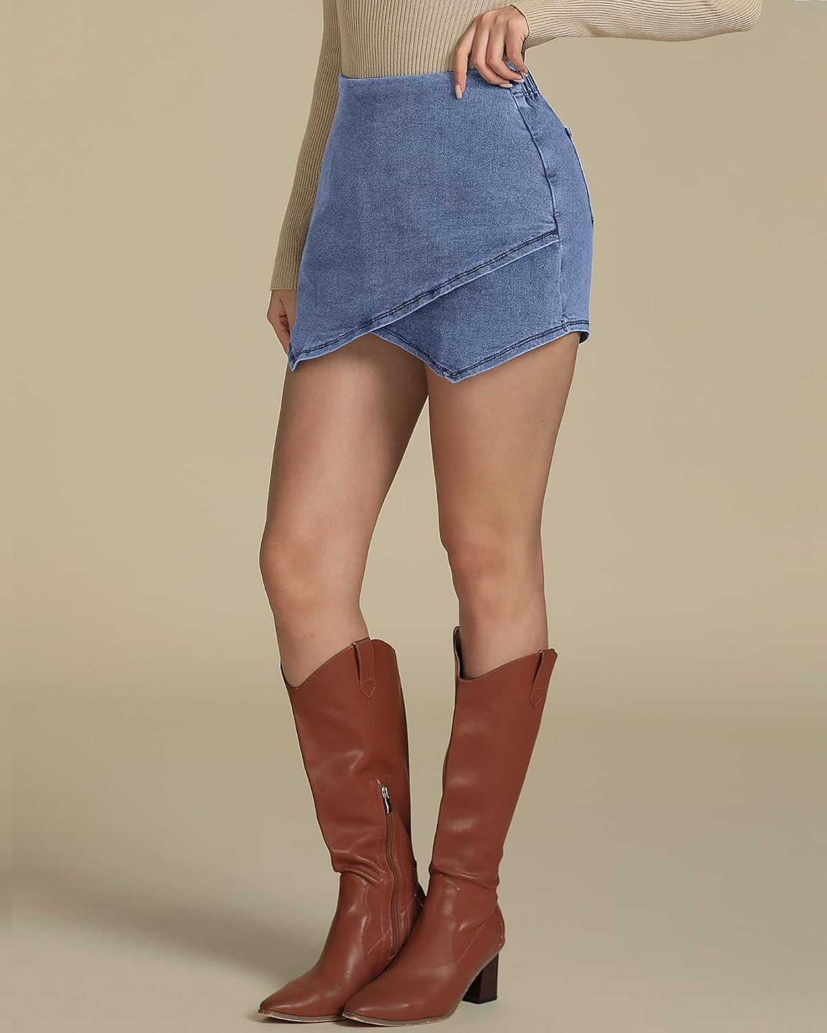 luvamia Jean Skorts for Woman High Waisted Pull On Stretchy Denim Wrap Skirt with Shorts Trendy Asymmetrical SkortModern Blue