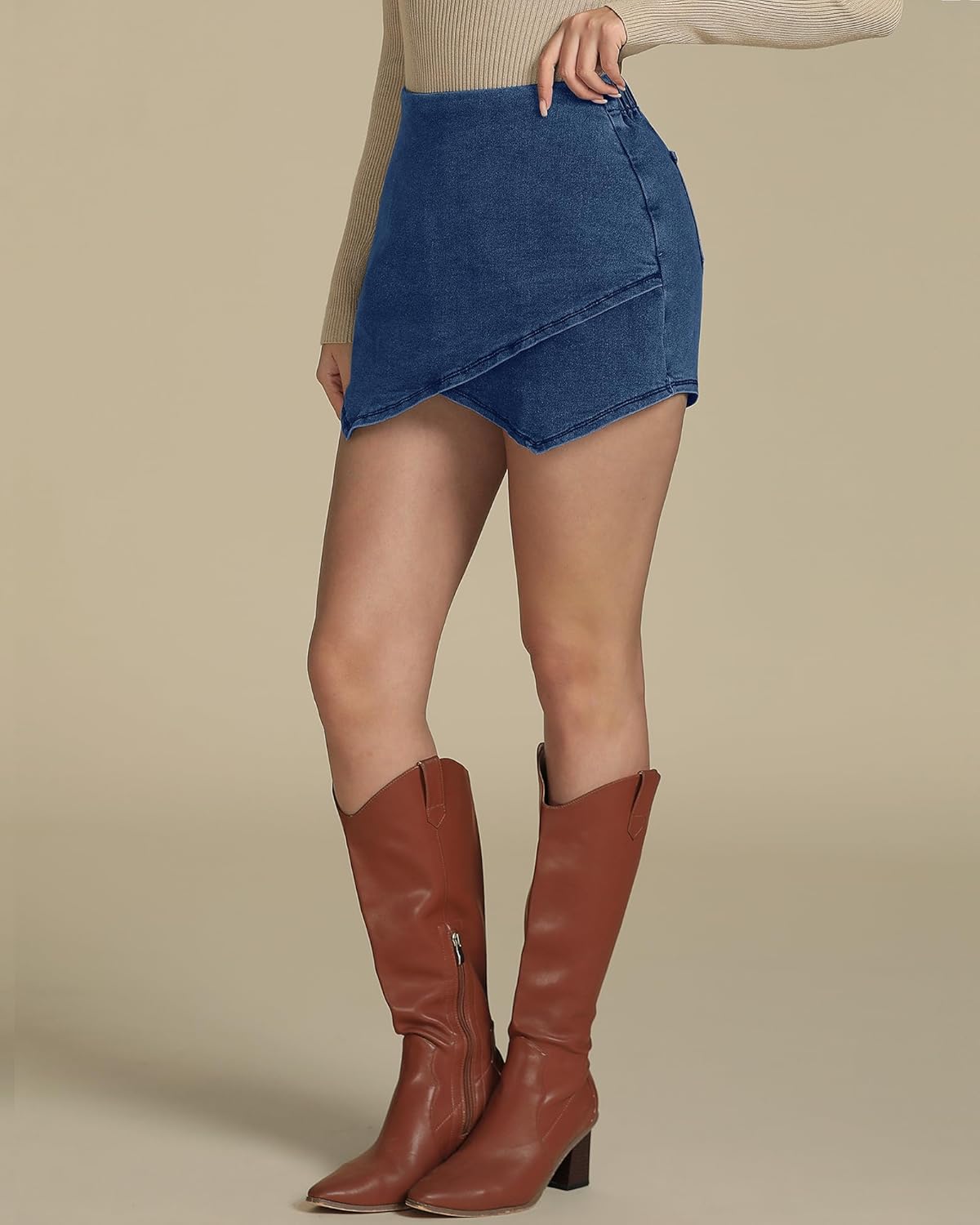 luvamia Jean Skorts for Woman High Waisted Pull On Stretchy Denim Wrap Skirt with Shorts Trendy Asymmetrical SkortNavy Blue