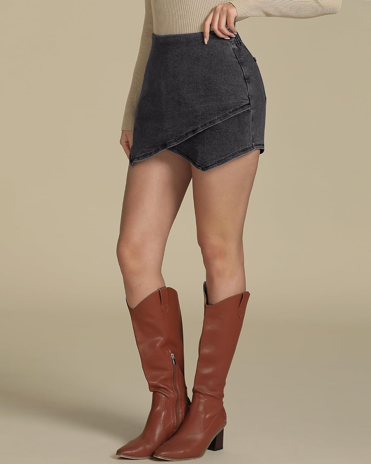 luvamia Jean Skorts for Woman High Waisted Pull On Stretchy Denim Wrap Skirt with Shorts Trendy Asymmetrical SkortVintage Black