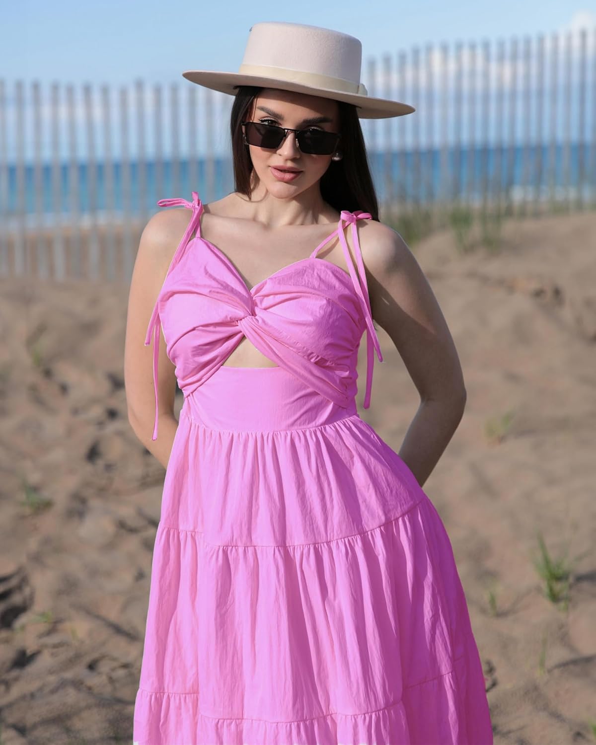 luvamia Long Flowy Dresses for Women Tiered Cut Out Midi Dress Self Tied Spaghetti Strap Summer Vacation Dinner OutfitAurora Pink