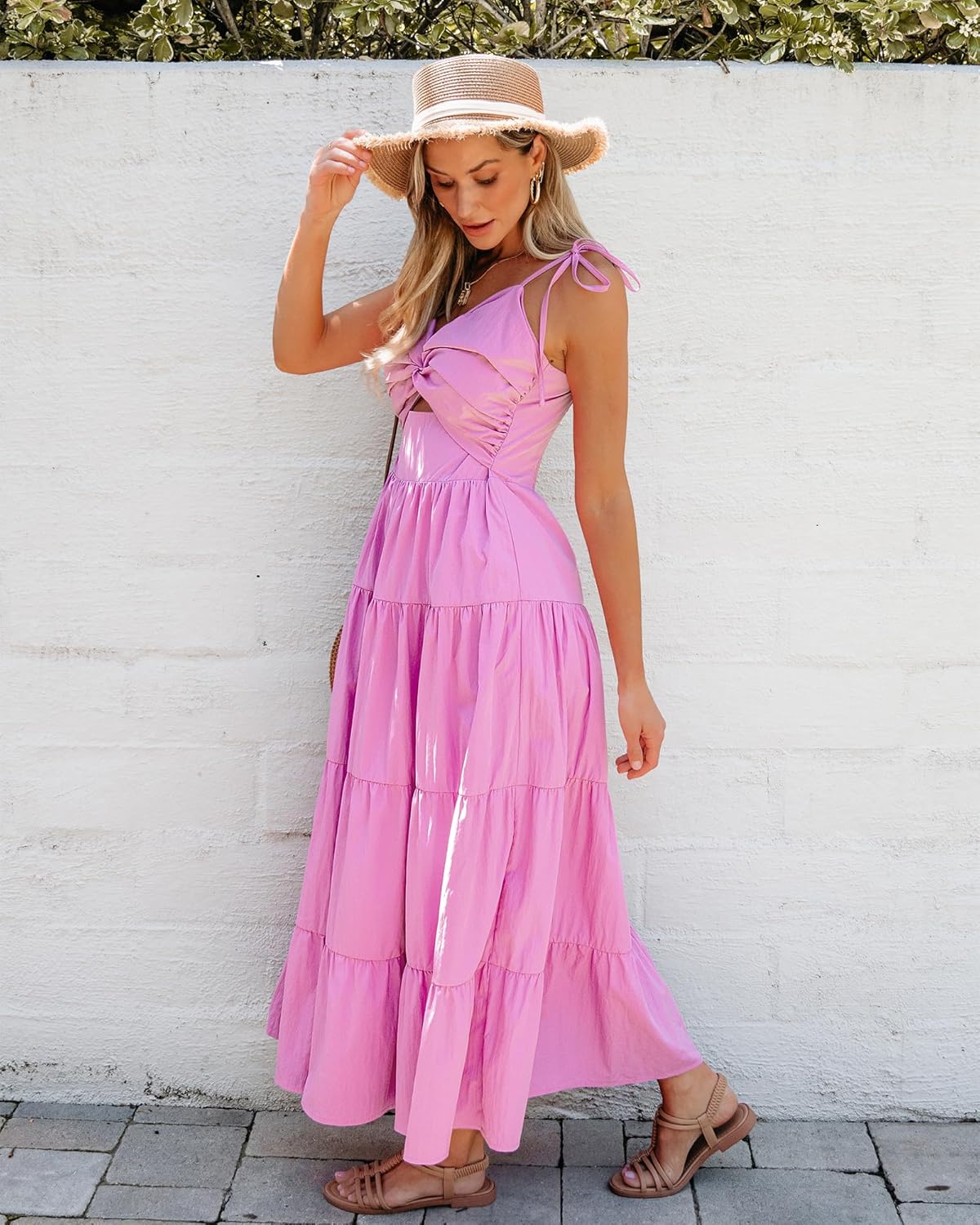 luvamia Long Flowy Dresses for Women Tiered Cut Out Midi Dress Self Tied Spaghetti Strap Summer Vacation Dinner OutfitAurora Pink