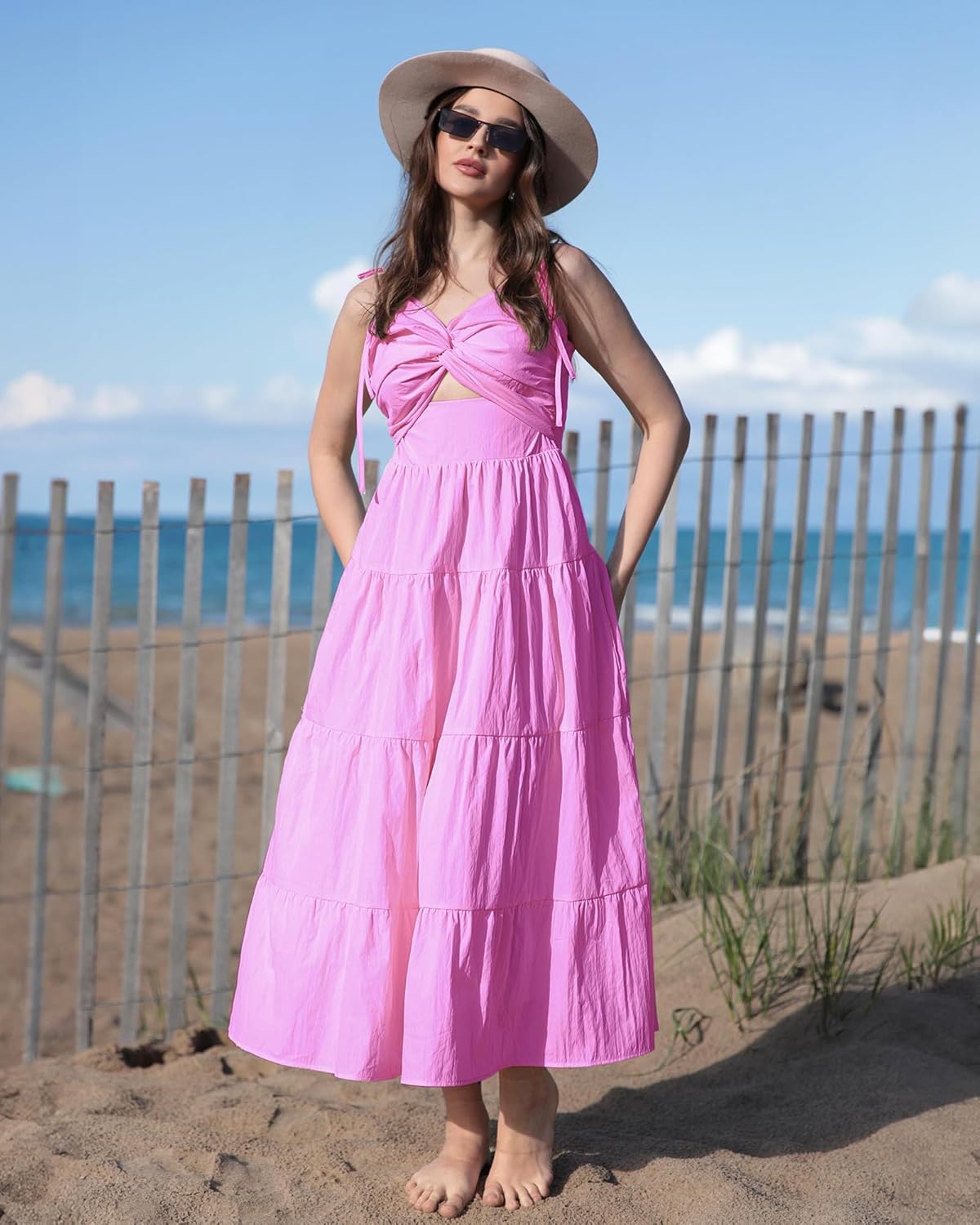 luvamia Long Flowy Dresses for Women Tiered Cut Out Midi Dress Self Tied Spaghetti Strap Summer Vacation Dinner OutfitAurora Pink