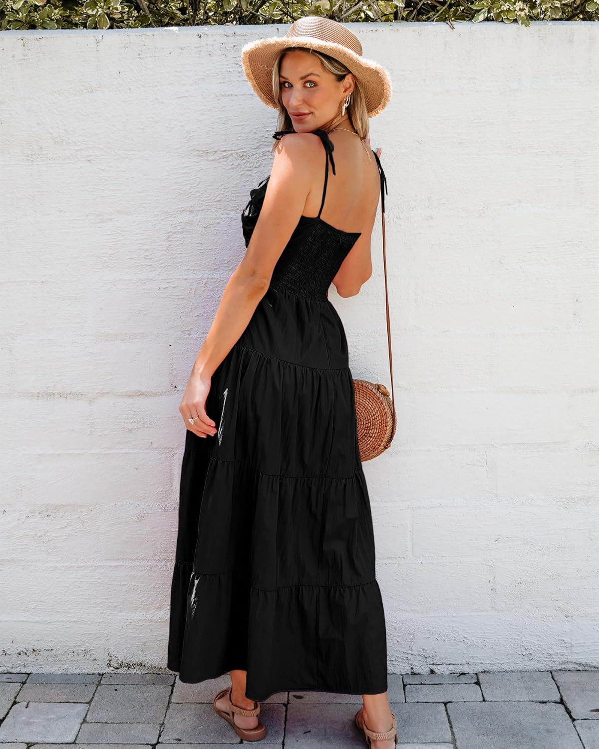 luvamia Long Flowy Dresses for Women Tiered Cut Out Midi Dress Self Tied Spaghetti Strap Summer Vacation Dinner OutfitBlack