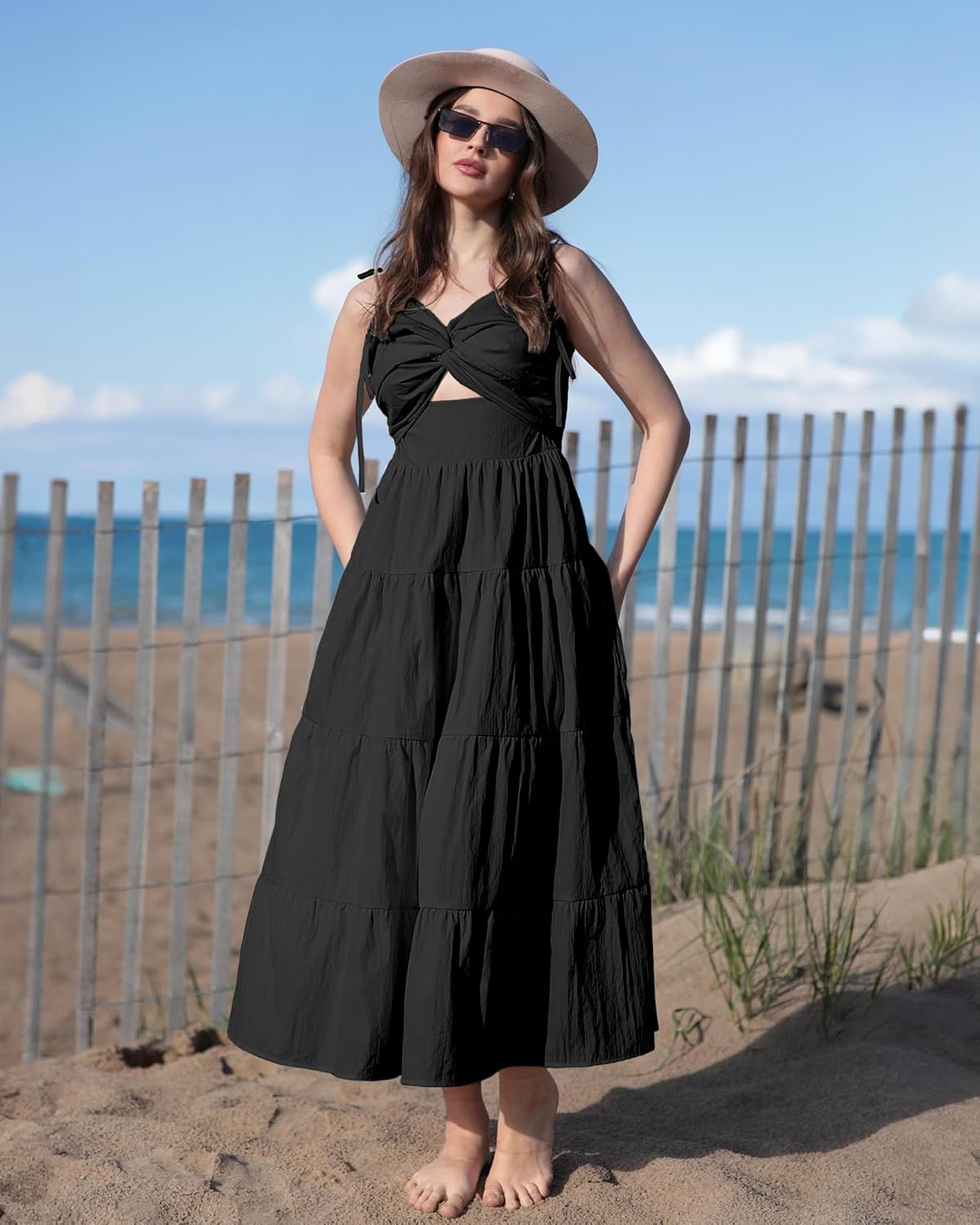 luvamia Long Flowy Dresses for Women Tiered Cut Out Midi Dress Self Tied Spaghetti Strap Summer Vacation Dinner OutfitBlack