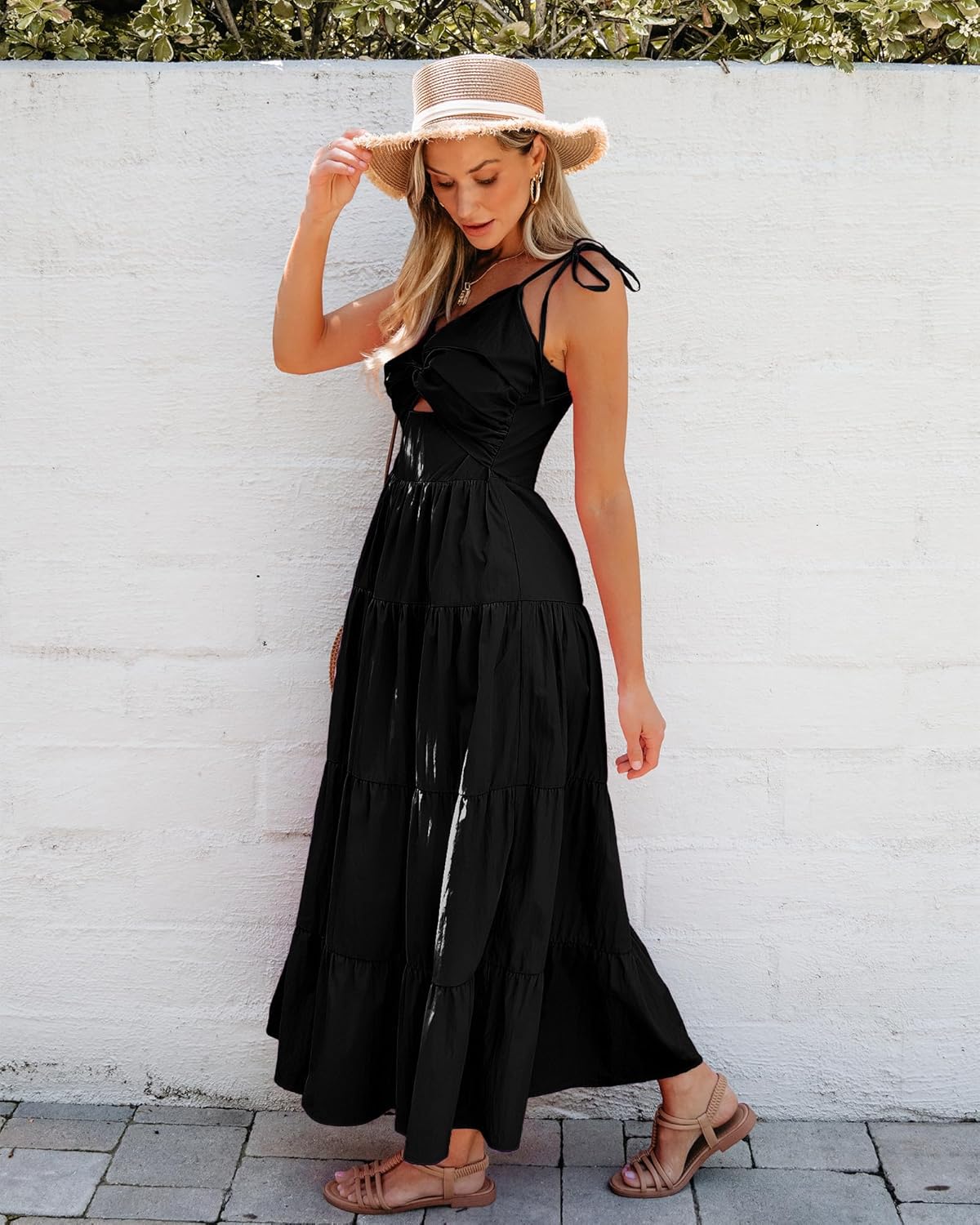 luvamia Long Flowy Dresses for Women Tiered Cut Out Midi Dress Self Tied Spaghetti Strap Summer Vacation Dinner OutfitBlack