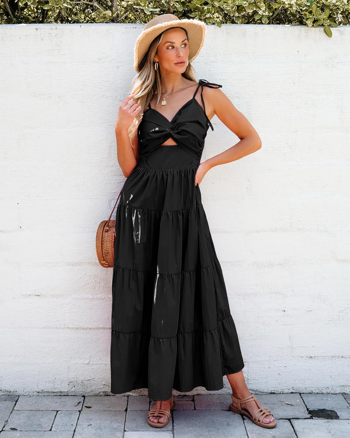 luvamia Long Flowy Dresses for Women Tiered Cut Out Midi Dress Self Tied Spaghetti Strap Summer Vacation Dinner OutfitBlack