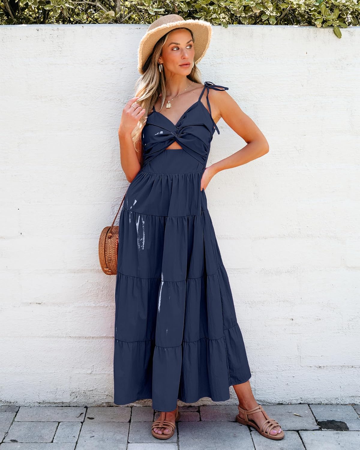 luvamia Long Flowy Dresses for Women Tiered Cut Out Midi Dress Self Tied Spaghetti Strap Summer Vacation Dinner OutfitNavy Blue