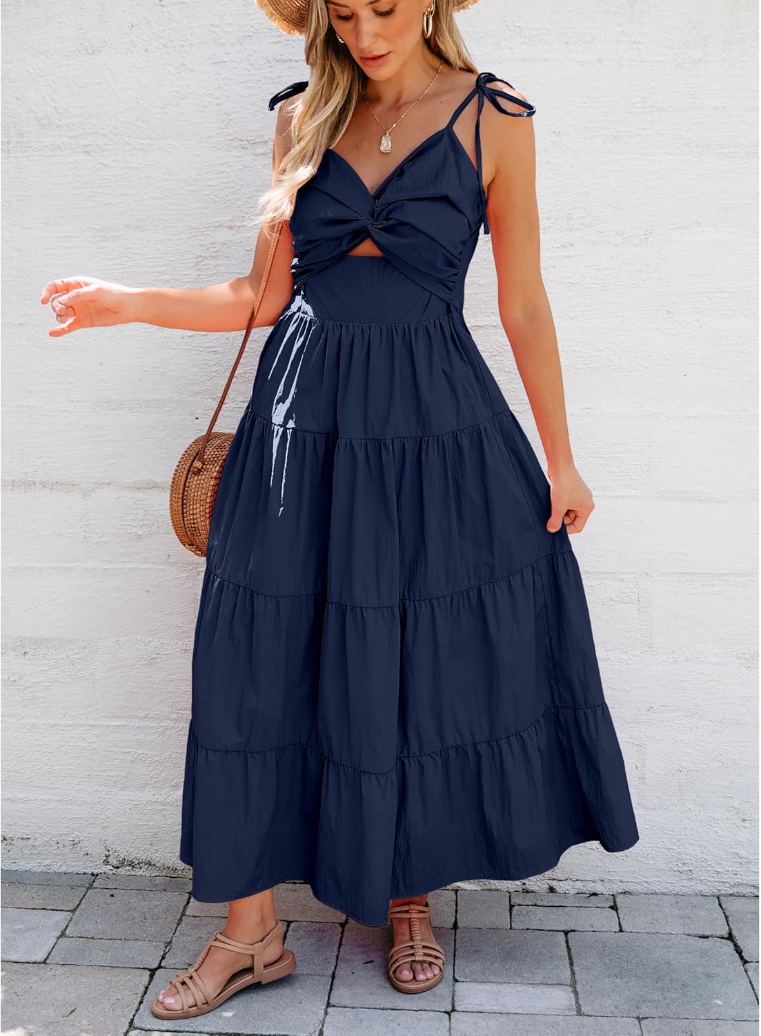 luvamia Long Flowy Dresses for Women Tiered Cut Out Midi Dress Self Tied Spaghetti Strap Summer Vacation Dinner OutfitNavy Blue