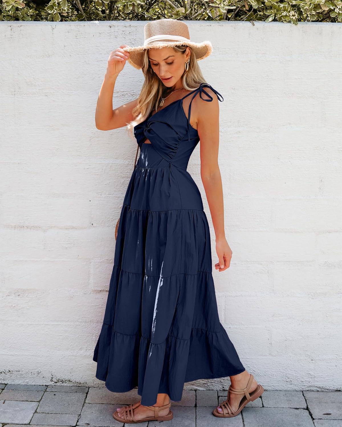 luvamia Long Flowy Dresses for Women Tiered Cut Out Midi Dress Self Tied Spaghetti Strap Summer Vacation Dinner OutfitNavy Blue
