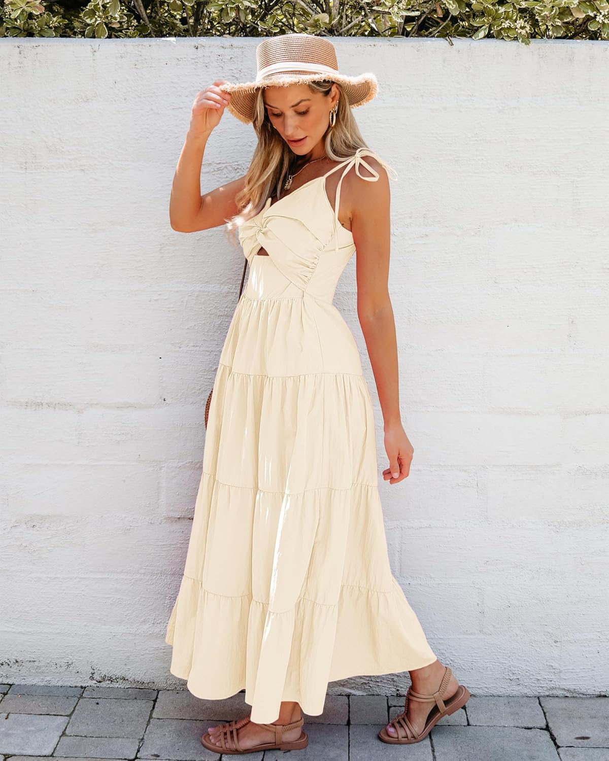 luvamia Long Flowy Dresses for Women Tiered Cut Out Midi Dress Self Tied Spaghetti Strap Summer Vacation Dinner OutfitPearled Lvory