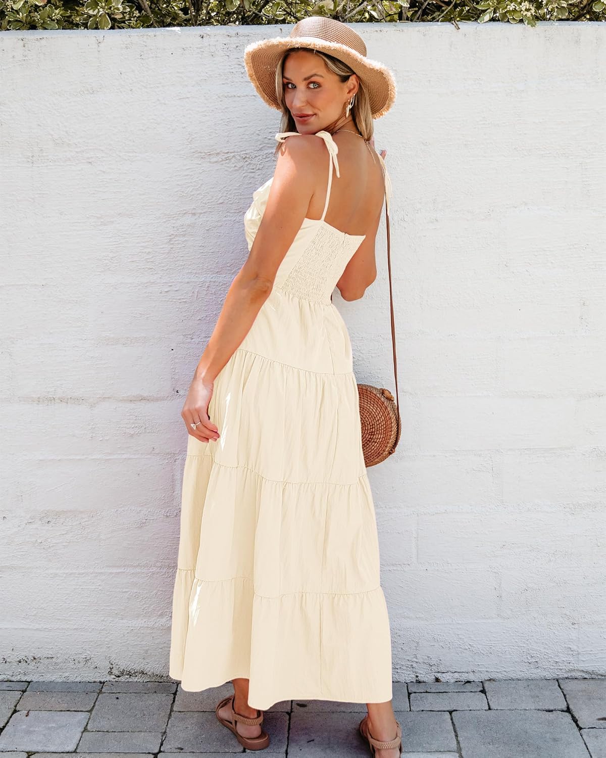 luvamia Long Flowy Dresses for Women Tiered Cut Out Midi Dress Self Tied Spaghetti Strap Summer Vacation Dinner OutfitPearled Lvory