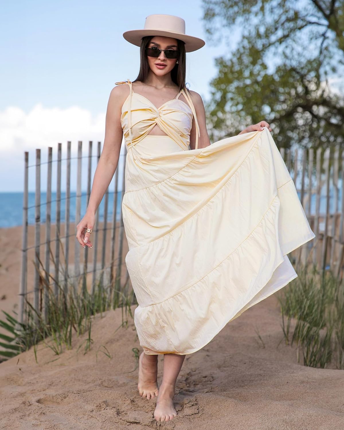 luvamia Long Flowy Dresses for Women Tiered Cut Out Midi Dress Self Tied Spaghetti Strap Summer Vacation Dinner OutfitPearled Lvory