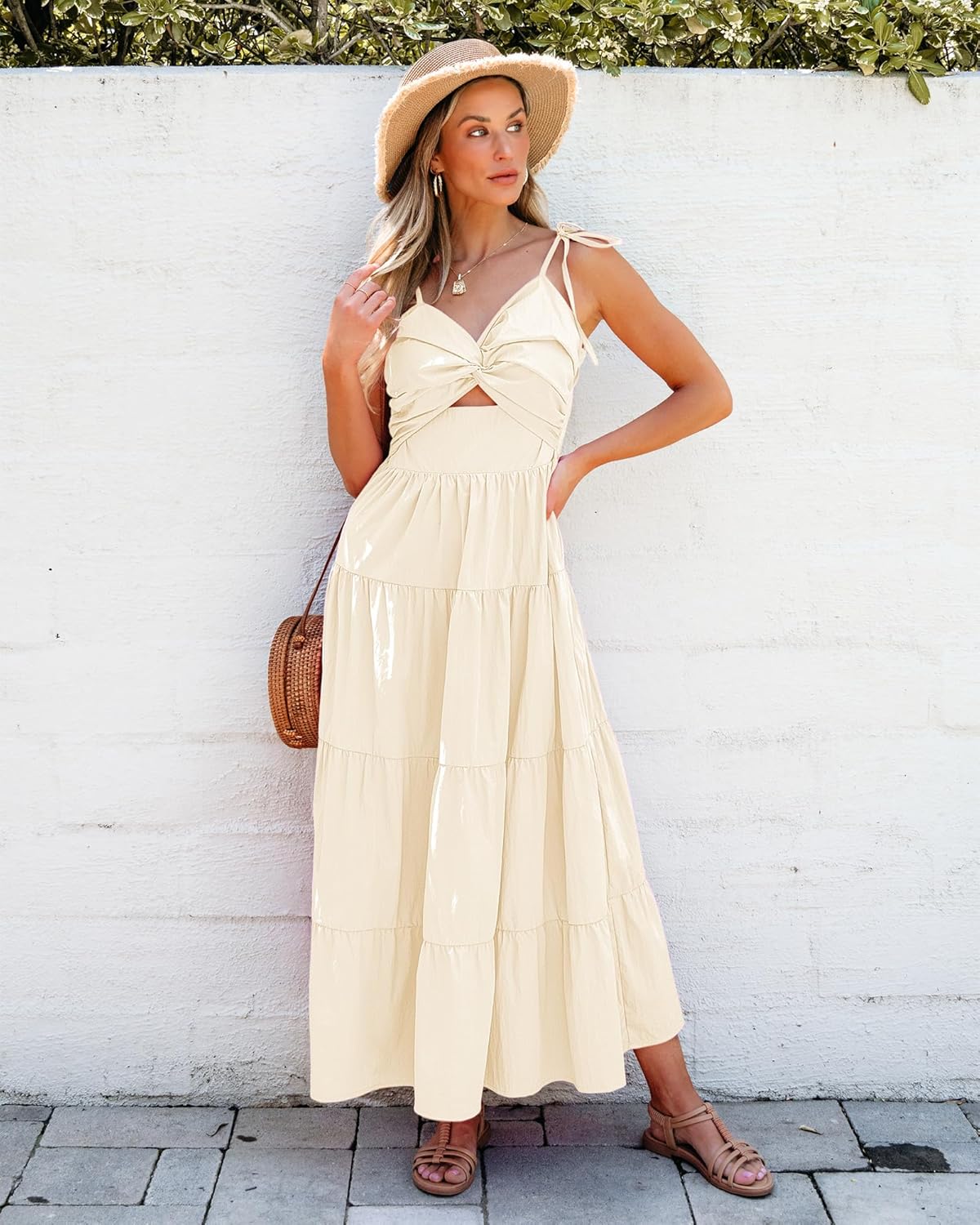 luvamia Long Flowy Dresses for Women Tiered Cut Out Midi Dress Self Tied Spaghetti Strap Summer Vacation Dinner OutfitPearled Lvory