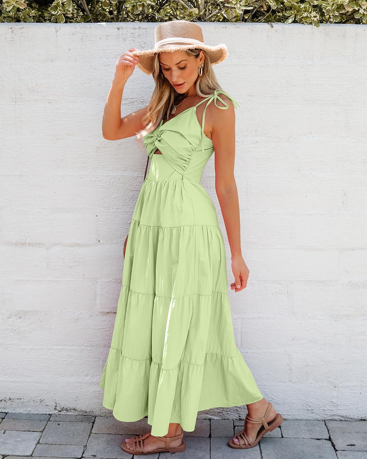 luvamia Long Flowy Dresses for Women Tiered Cut Out Midi Dress Self Tied Spaghetti Strap Summer Vacation Dinner OutfitSeamfoam Green