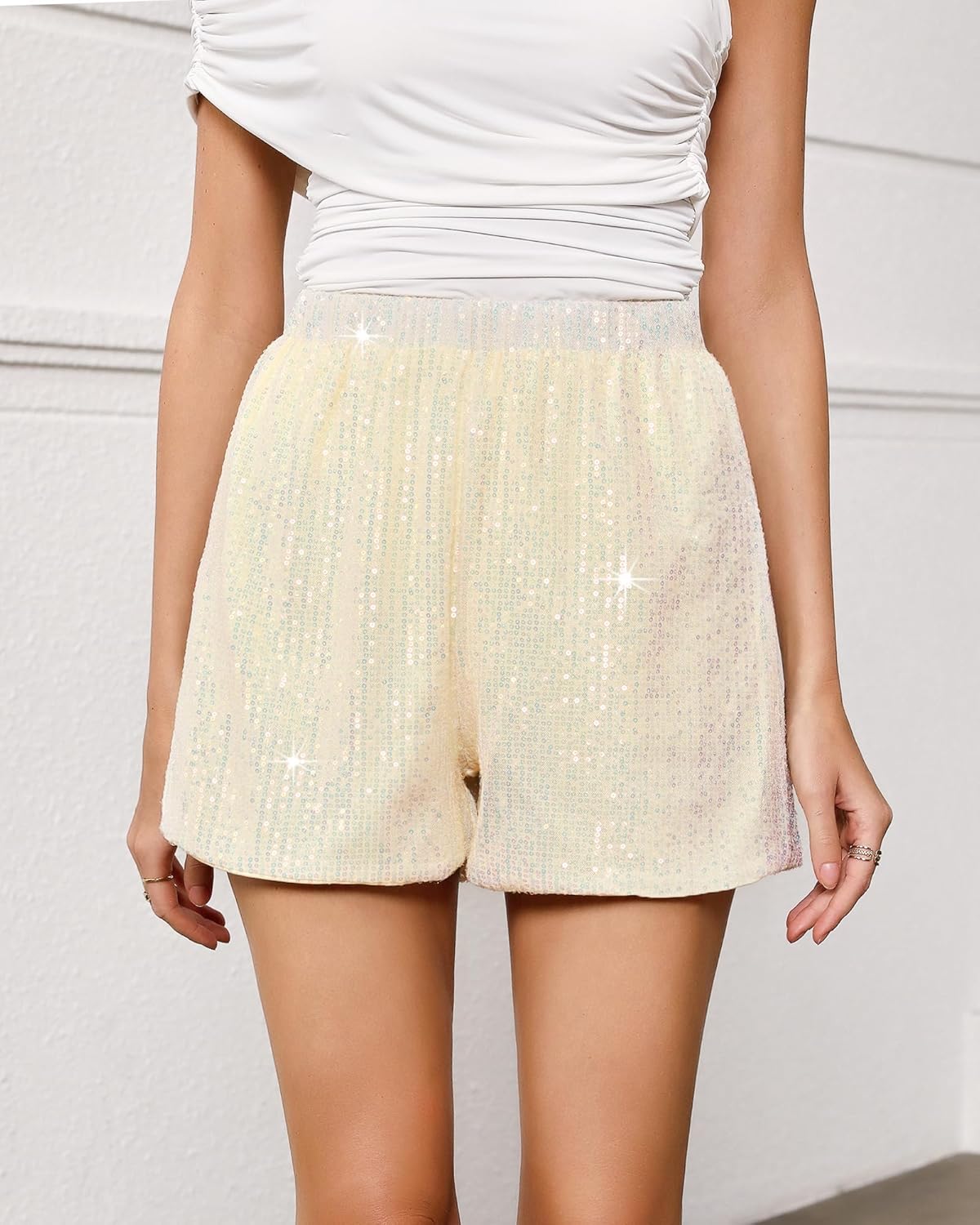 luvamia Sequin Shorts for Women Trendy High Waisted Stretchy Pull On Glitter Sparkly Shorts Holiday Party OutfitsChampagne
