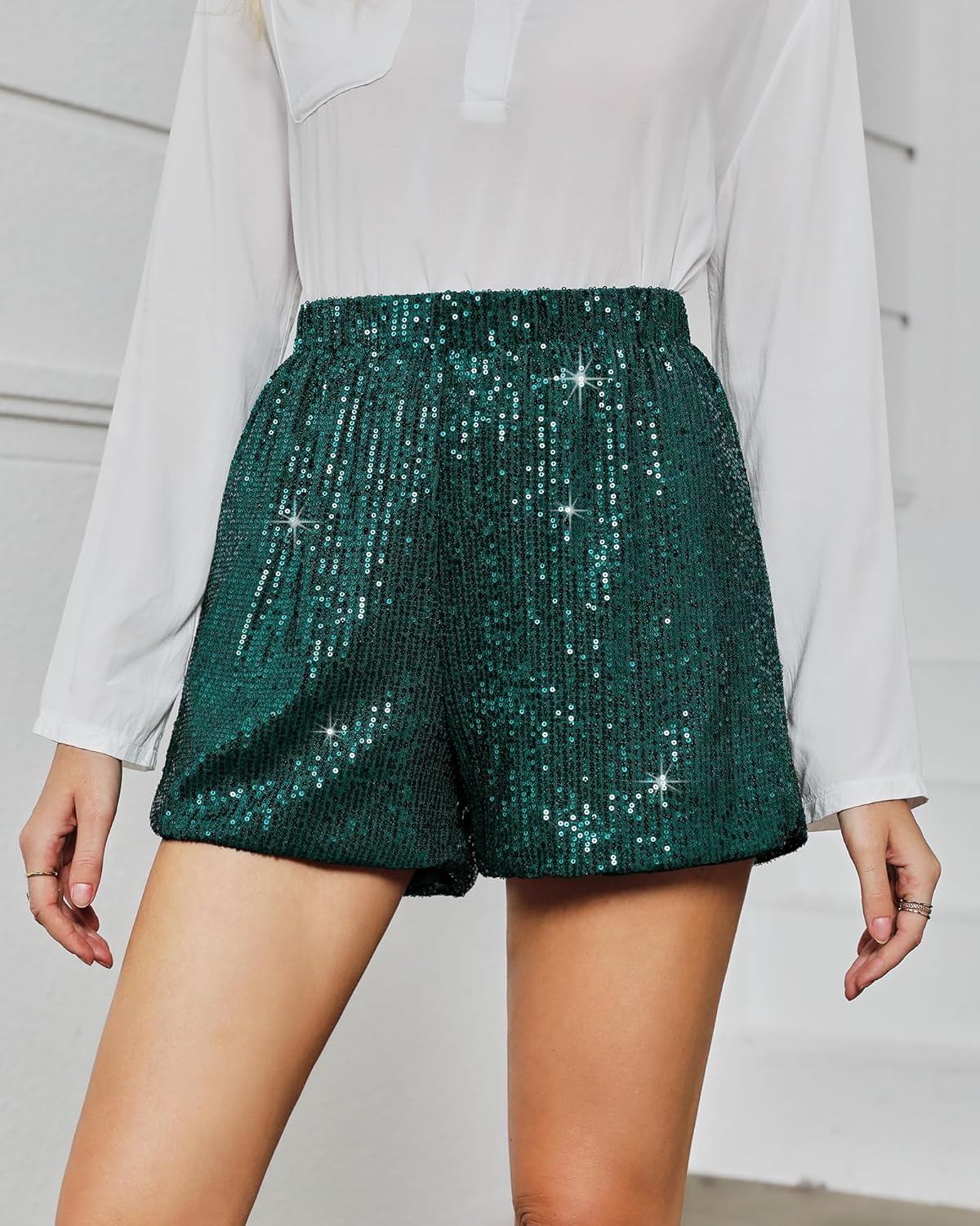 luvamia Sequin Shorts for Women Trendy High Waisted Stretchy Pull On Glitter Sparkly Shorts Holiday Party OutfitsDark Green