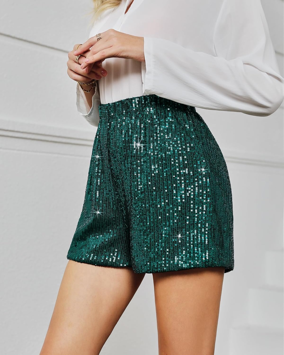 luvamia Sequin Shorts for Women Trendy High Waisted Stretchy Pull On Glitter Sparkly Shorts Holiday Party OutfitsDark Green