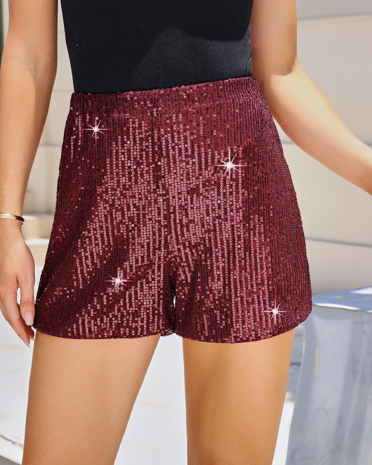 luvamia Sequin Shorts for Women Trendy High Waisted Stretchy Pull On Glitter Sparkly Shorts Holiday Party OutfitsWine Red