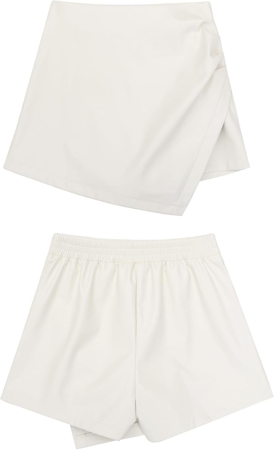 luvamia Shorts for Women Faux Leather Skorts High Waisted PU Leather Shorts Elastic Waist Ruched Wrap Skorts SkirtsAntique White