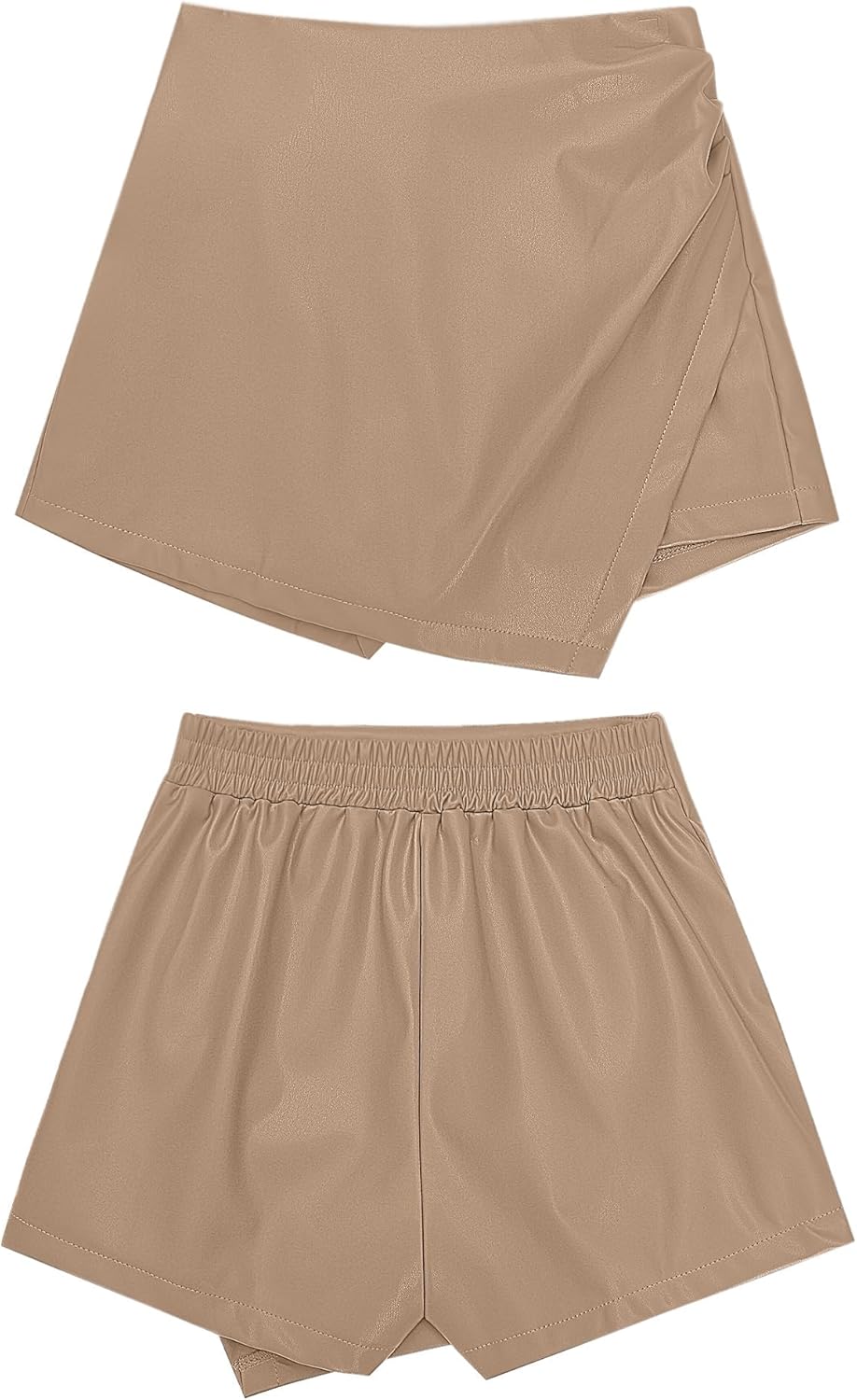 luvamia Shorts for Women Faux Leather Skorts High Waisted PU Leather Shorts Elastic Waist Ruched Wrap Skorts SkirtsBeige