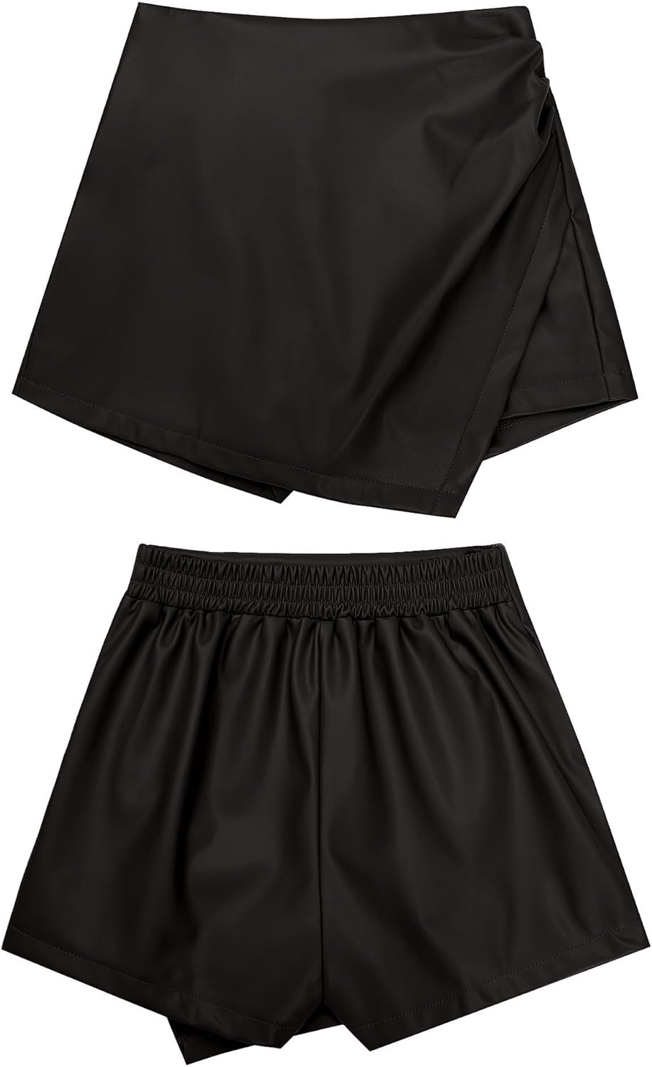 luvamia Shorts for Women Faux Leather Skorts High Waisted PU Leather Shorts Elastic Waist Ruched Wrap Skorts SkirtsBlack