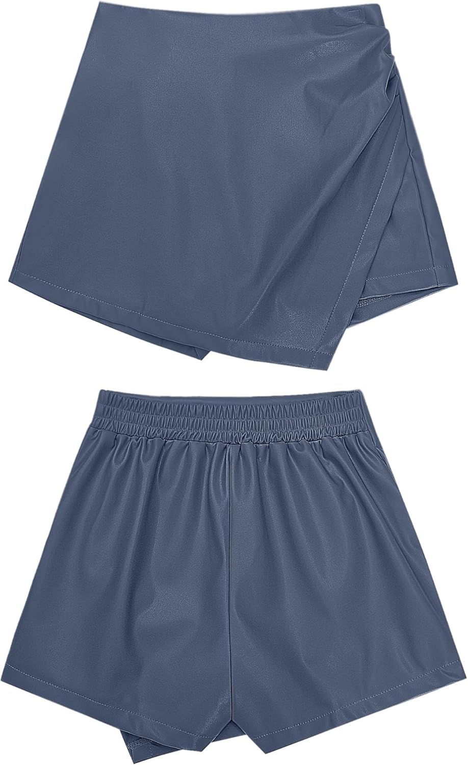 luvamia Shorts for Women Faux Leather Skorts High Waisted PU Leather Shorts Elastic Waist Ruched Wrap Skorts SkirtsBlue Gray