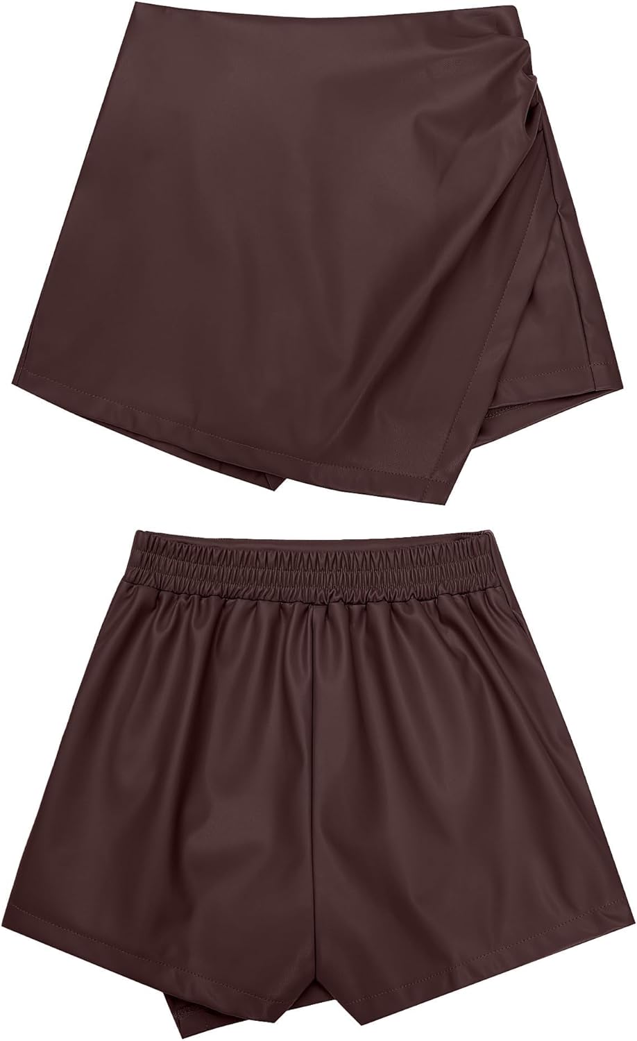 luvamia Shorts for Women Faux Leather Skorts High Waisted PU Leather Shorts Elastic Waist Ruched Wrap Skorts SkirtsChocolate Brown