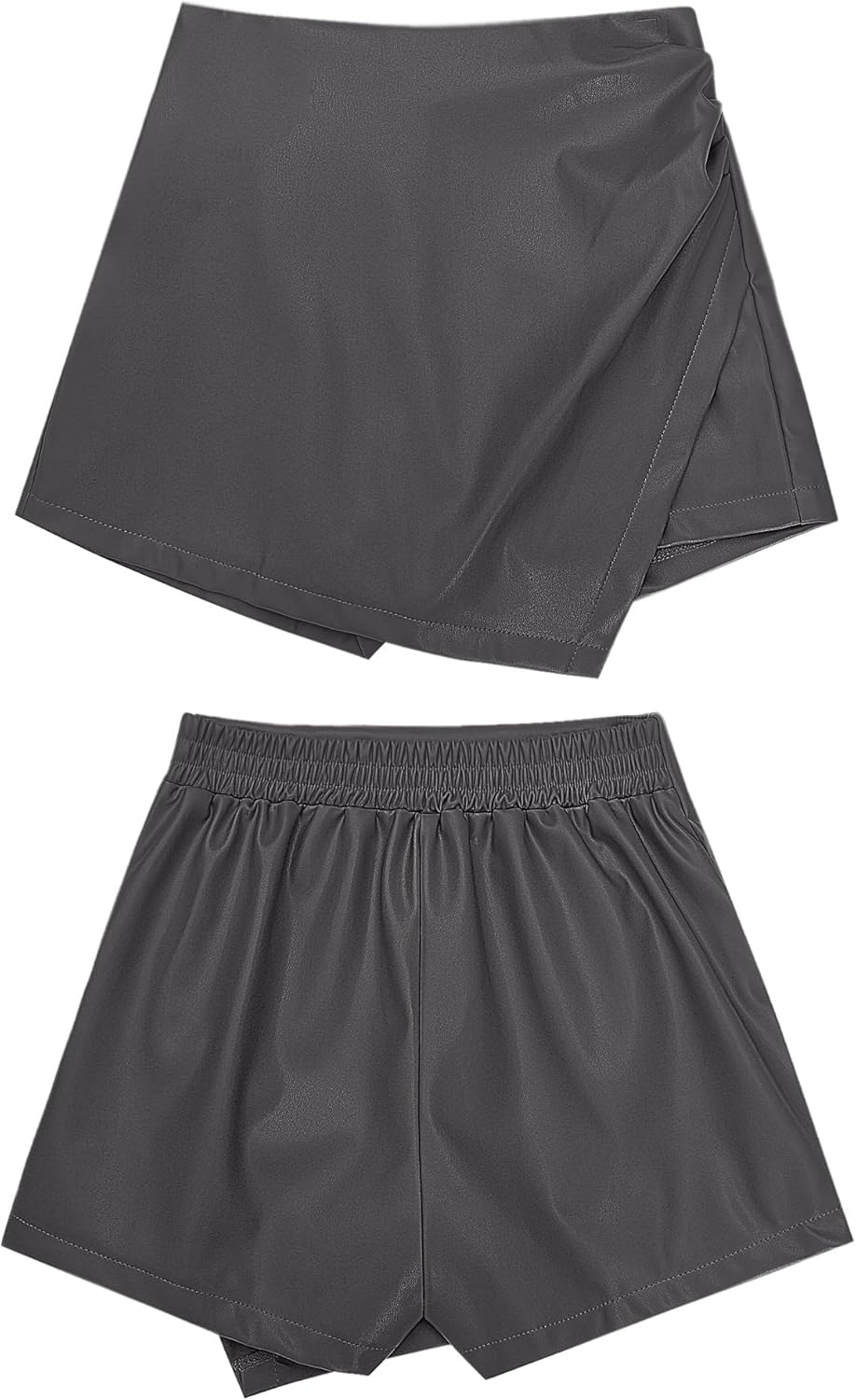 luvamia Shorts for Women Faux Leather Skorts High Waisted PU Leather Shorts Elastic Waist Ruched Wrap Skorts SkirtsDark Gray