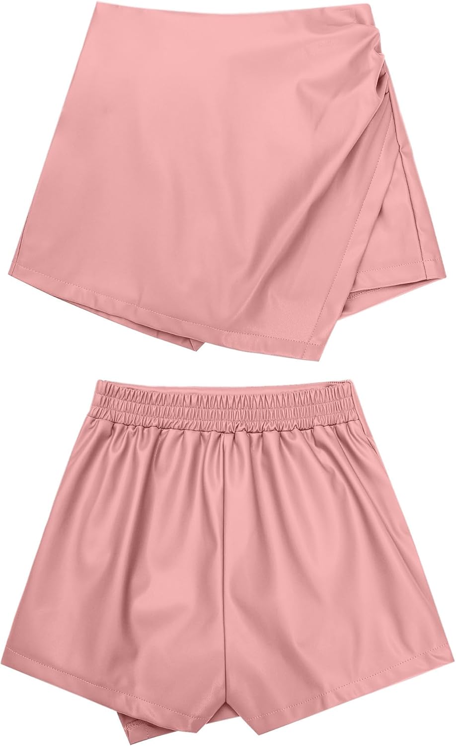 luvamia Shorts for Women Faux Leather Skorts High Waisted PU Leather Shorts Elastic Waist Ruched Wrap Skorts SkirtsDusty Pink