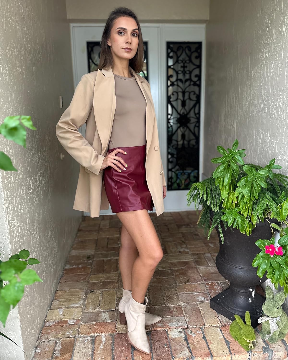 luvamia Shorts for Women Faux Leather Skorts High Waisted PU Leather Shorts Elastic Waist Ruched Wrap Skorts SkirtsRuby Wine