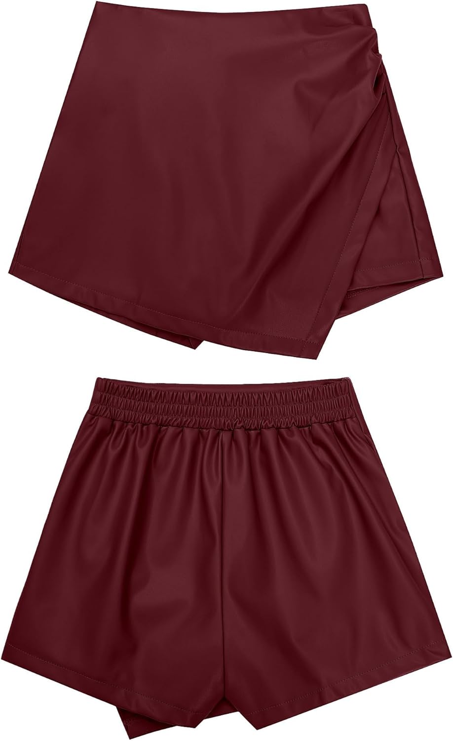 luvamia Shorts for Women Faux Leather Skorts High Waisted PU Leather Shorts Elastic Waist Ruched Wrap Skorts SkirtsRuby Wine