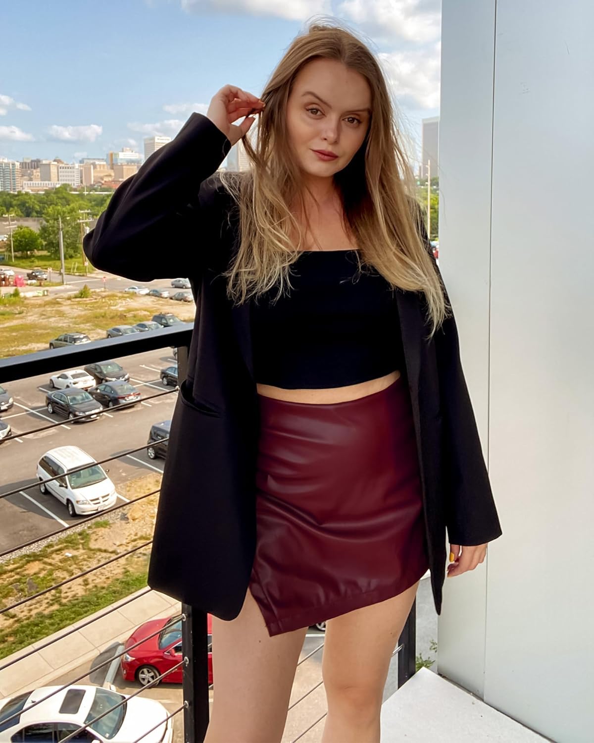 luvamia Shorts for Women Faux Leather Skorts High Waisted PU Leather Shorts Elastic Waist Ruched Wrap Skorts SkirtsRuby Wine