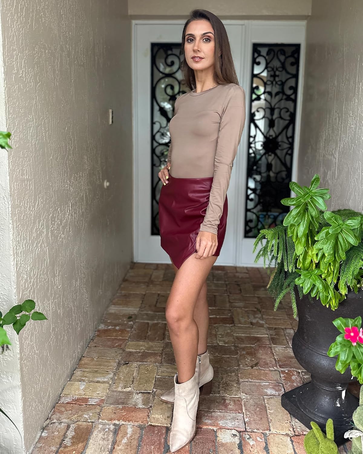 luvamia Shorts for Women Faux Leather Skorts High Waisted PU Leather Shorts Elastic Waist Ruched Wrap Skorts SkirtsRuby Wine