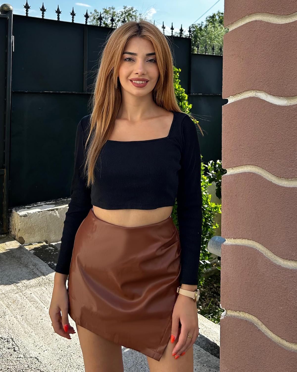 luvamia Shorts for Women Faux Leather Skorts High Waisted PU Leather Shorts Elastic Waist Ruched Wrap Skorts SkirtsRustic Brown