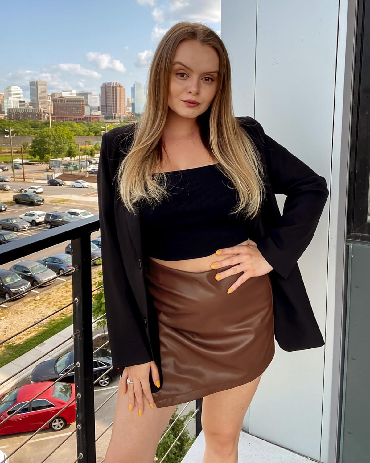 luvamia Shorts for Women Faux Leather Skorts High Waisted PU Leather Shorts Elastic Waist Ruched Wrap Skorts SkirtsRustic Brown