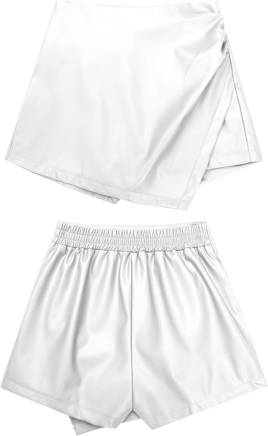 luvamia Shorts for Women Faux Leather Skorts High Waisted PU Leather Shorts Elastic Waist Ruched Wrap Skorts SkirtsSilver