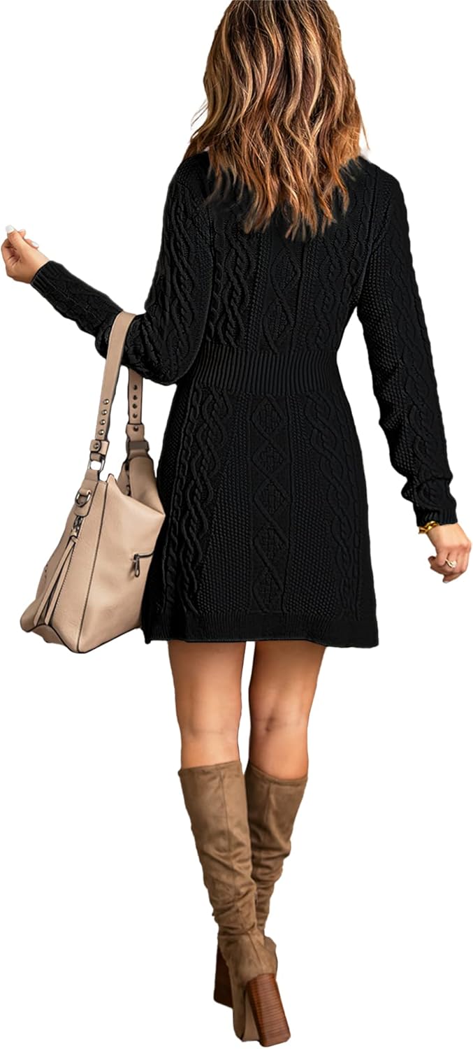 luvamia Sweater Dress for Women Cable Knit Ribbed ALine Short Fitted Pullover Sweaters Dresses Fall WinterBlack