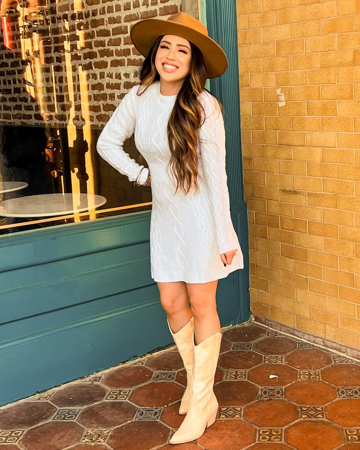 luvamia Sweater Dress for Women Cable Knit Ribbed ALine Short Fitted Pullover Sweaters Dresses Fall WinterBrilliant White