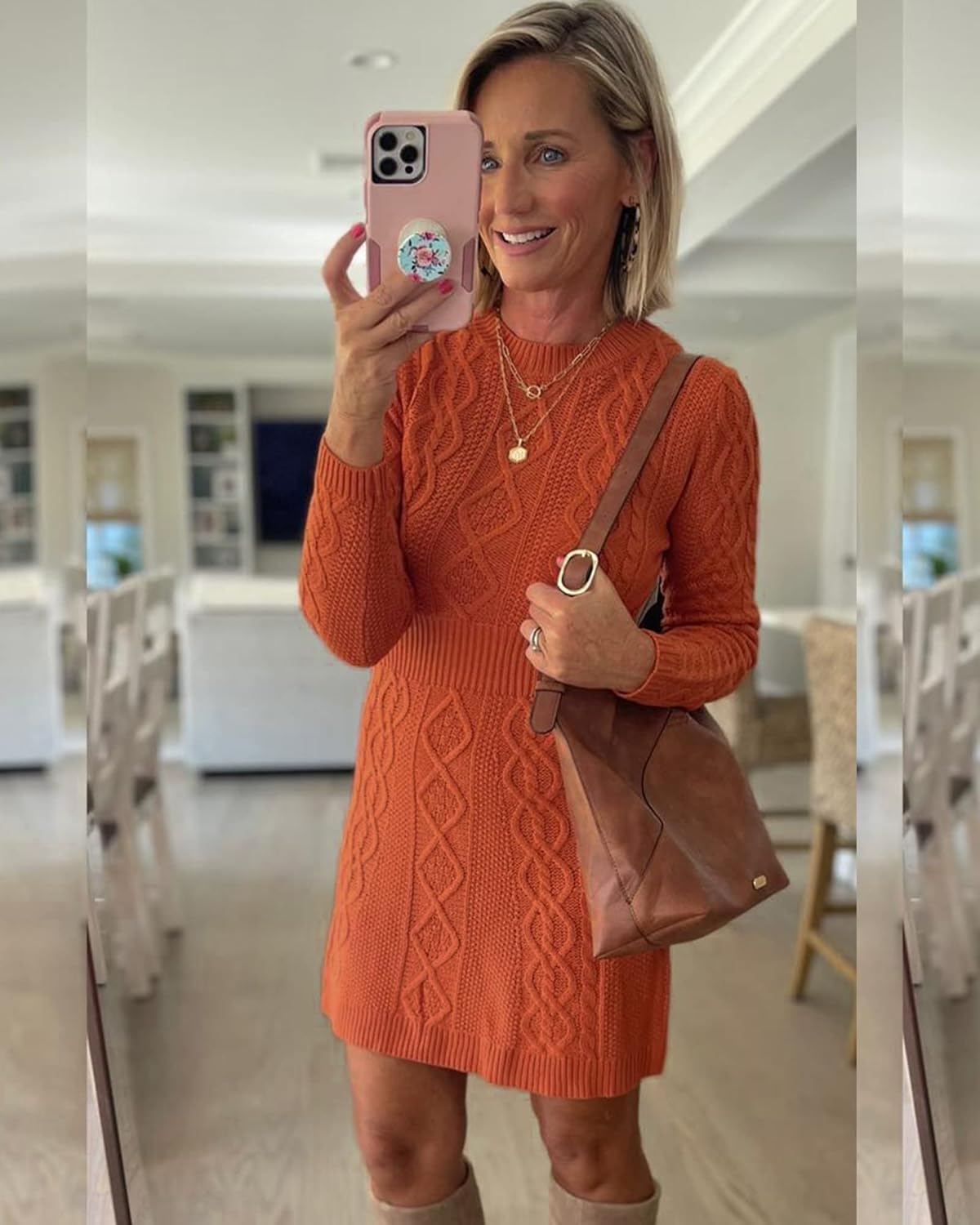 luvamia Sweater Dress for Women Cable Knit Ribbed ALine Short Fitted Pullover Sweaters Dresses Fall WinterBurnt Orange