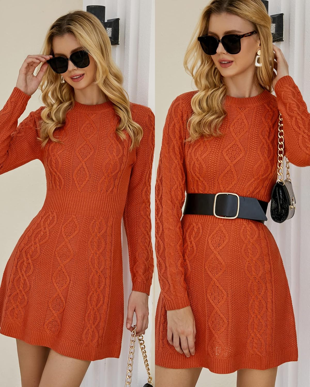 luvamia Sweater Dress for Women Cable Knit Ribbed ALine Short Fitted Pullover Sweaters Dresses Fall WinterBurnt Orange