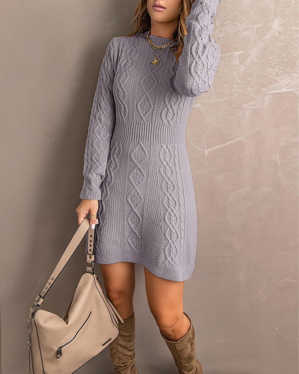 luvamia Sweater Dress for Women Cable Knit Ribbed ALine Short Fitted Pullover Sweaters Dresses Fall WinterGray